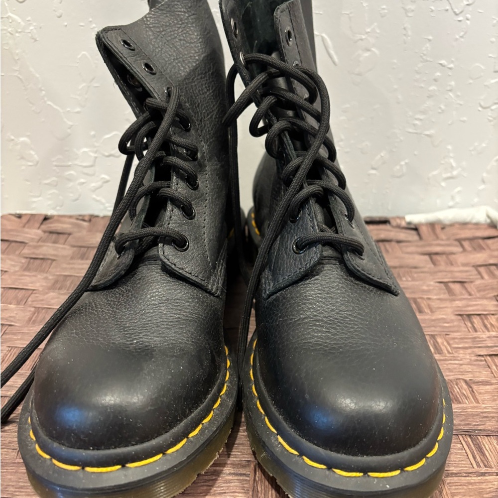 Dr. Martens Black Leather Boots with Yellow Stitching